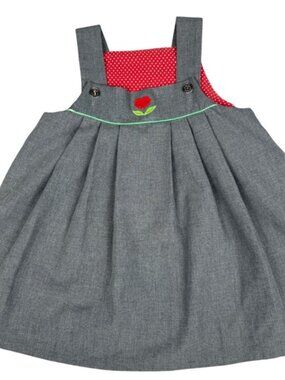 Vintage Girls 4T Jumper Dress Gray Pinafore Heart Embroidery 70s 80s Polka Dot